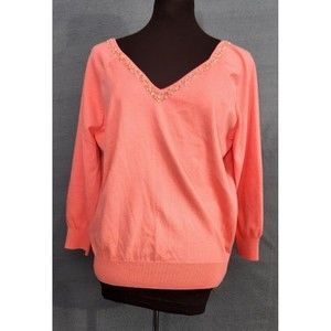 The Limited Womens Sweater Pink Beaded 3/4 Sleeve V-Neck Stretch Cotton Sz XL NW